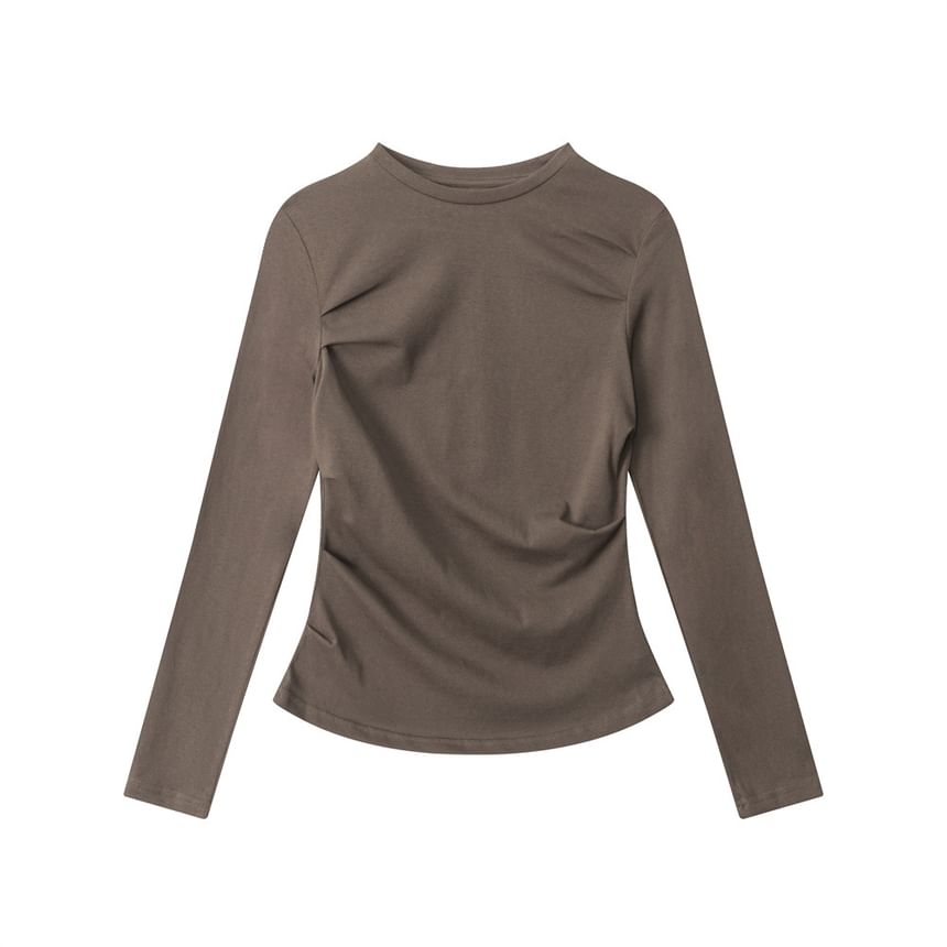 Crew Neck Ruched Fitted Long-Sleeve Tee