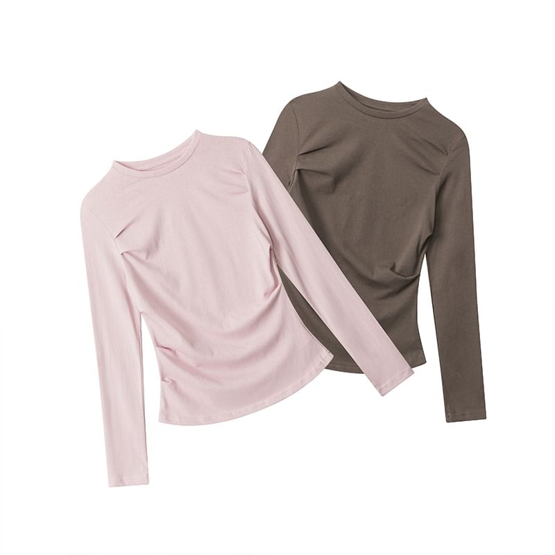 Crew Neck Ruched Fitted Long-Sleeve Tee