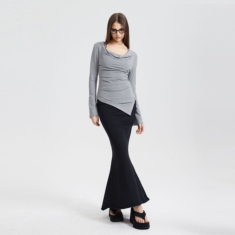 Asymmetric Hem Off-Shoulder Fitted Long-Sleeve Top