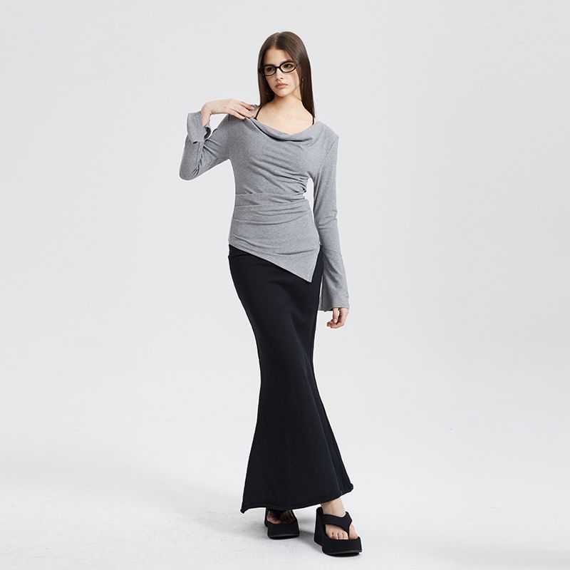 Asymmetric Hem Off-Shoulder Fitted Long-Sleeve Top