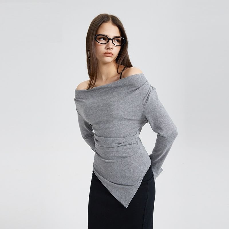 Asymmetric Hem Off-Shoulder Fitted Long-Sleeve Top