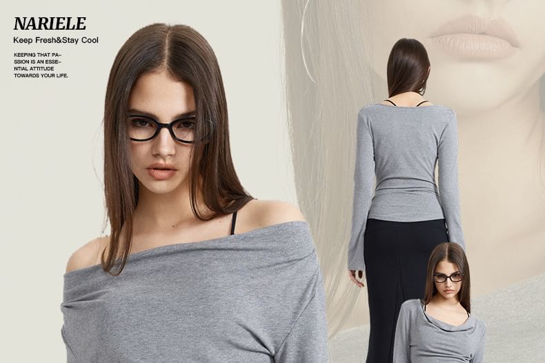 Asymmetric Hem Off-Shoulder Fitted Long-Sleeve Top