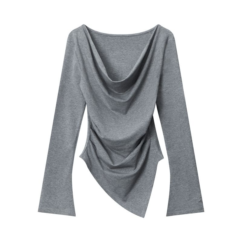 Asymmetric Hem Off-Shoulder Fitted Long-Sleeve Top