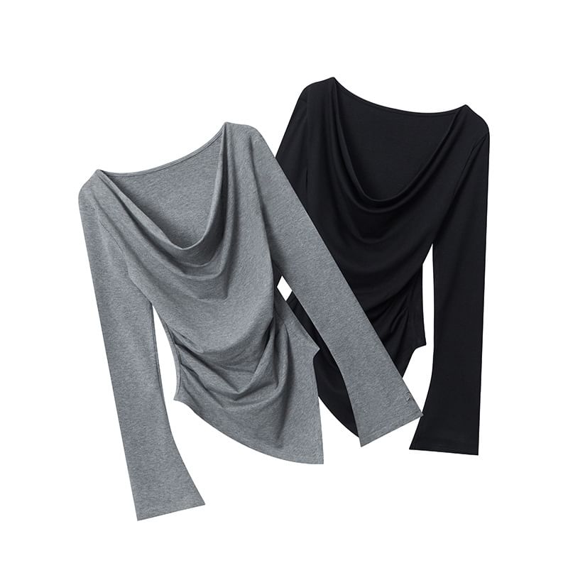 Asymmetric Hem Off-Shoulder Fitted Long-Sleeve Top