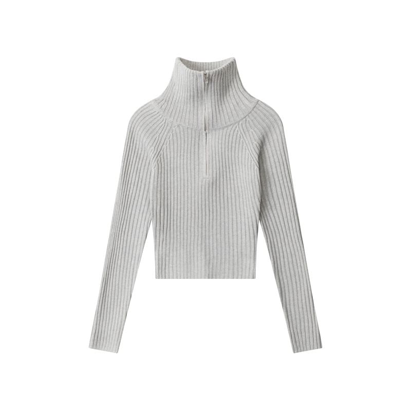 Half-Zip Ribbed Knit Fitted Long-Sleeve Top