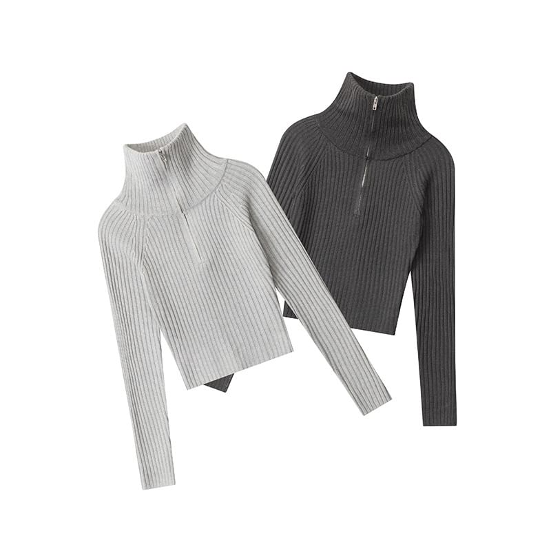 Half-Zip Ribbed Knit Fitted Long-Sleeve Top
