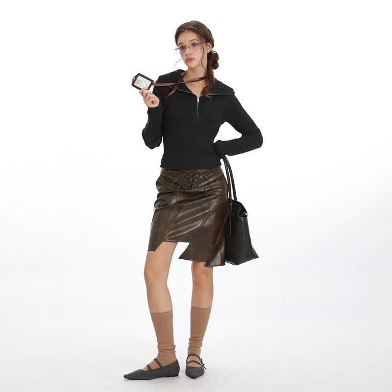 Half-Zip Ribbed Knit Fitted Long-Sleeve Top