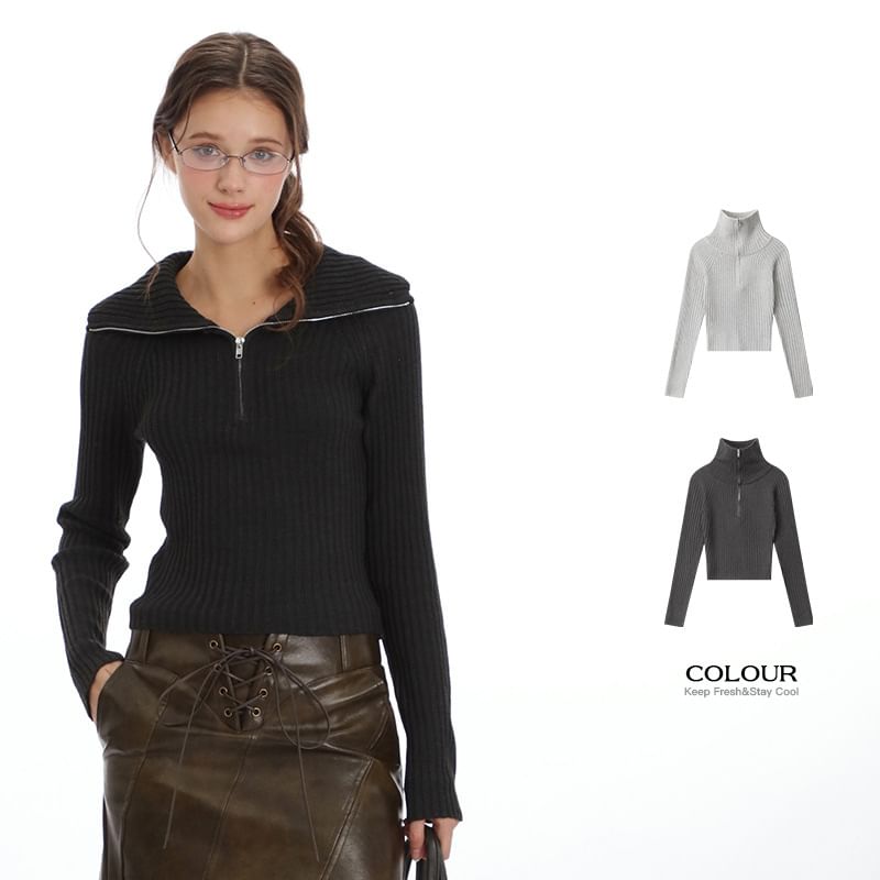 Half-Zip Ribbed Knit Fitted Long-Sleeve Top
