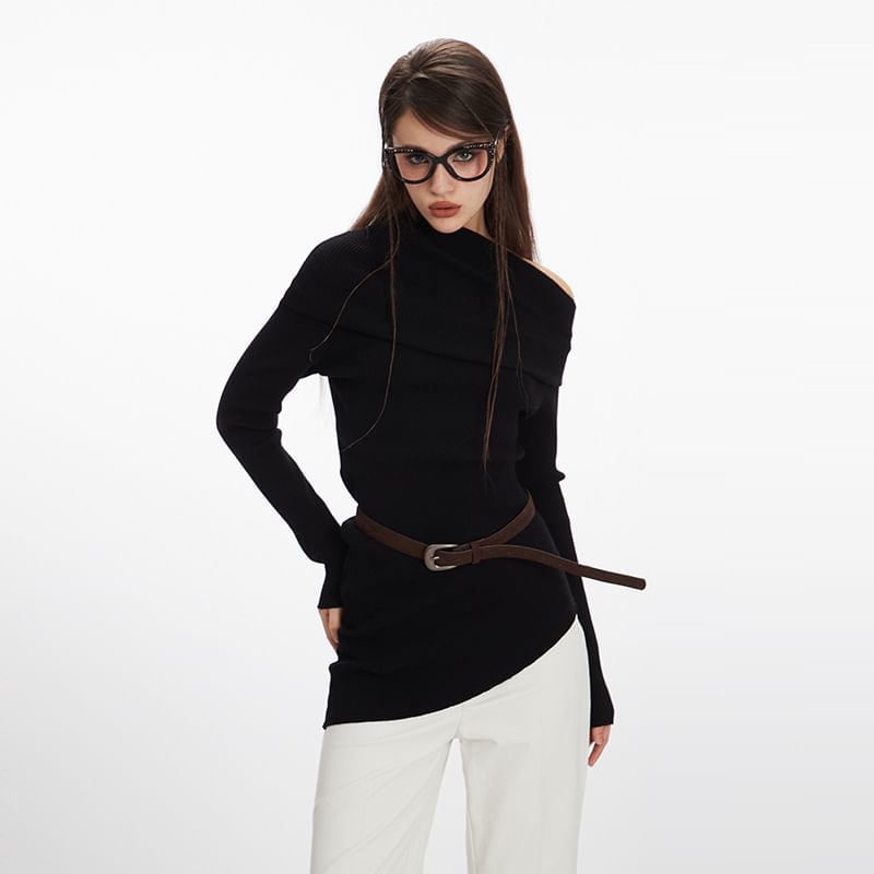 Asymmetric Hem Off-Shoulder Fitted Knit Top
