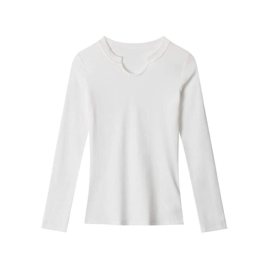 Solid V-Neck Fitted Long-Sleeve Tee