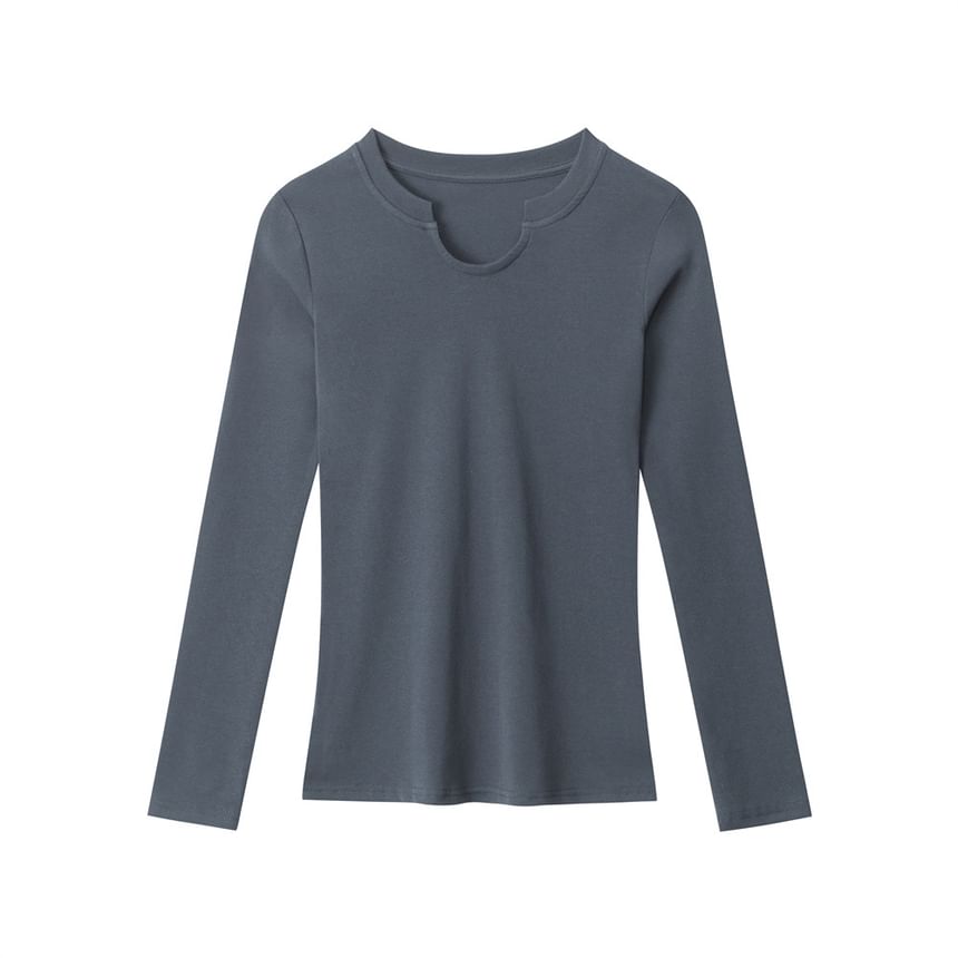 Solid V-Neck Fitted Long-Sleeve Tee