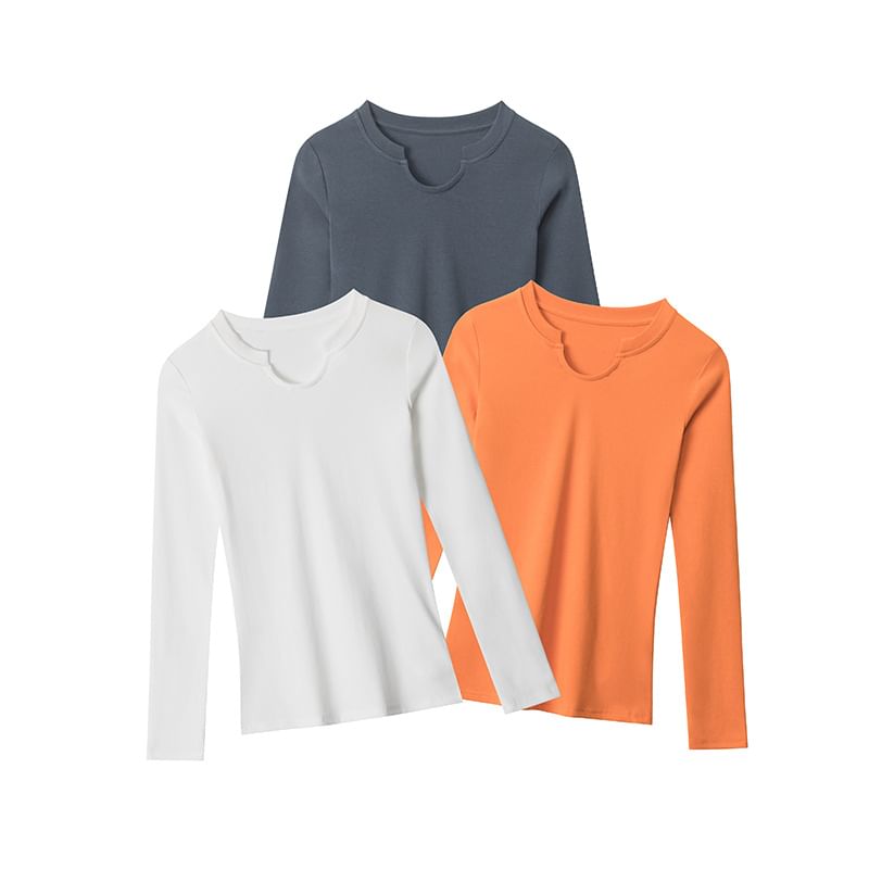 Solid V-Neck Fitted Long-Sleeve Tee