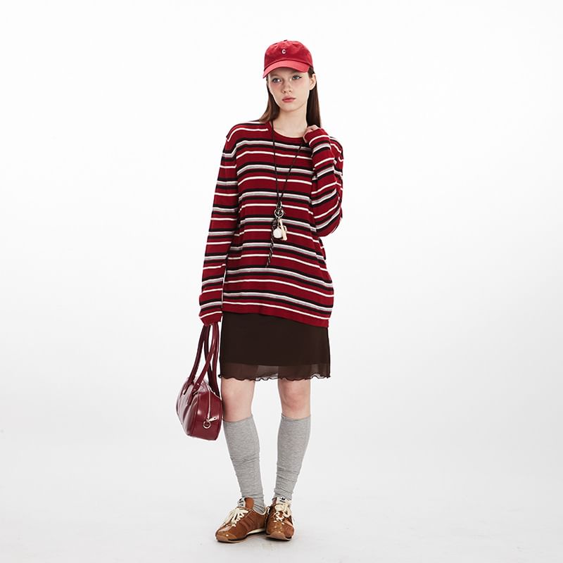 Striped Crew Neck Relaxed Pullover Sweater