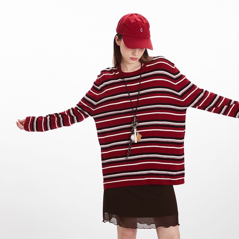 Striped Crew Neck Relaxed Pullover Sweater