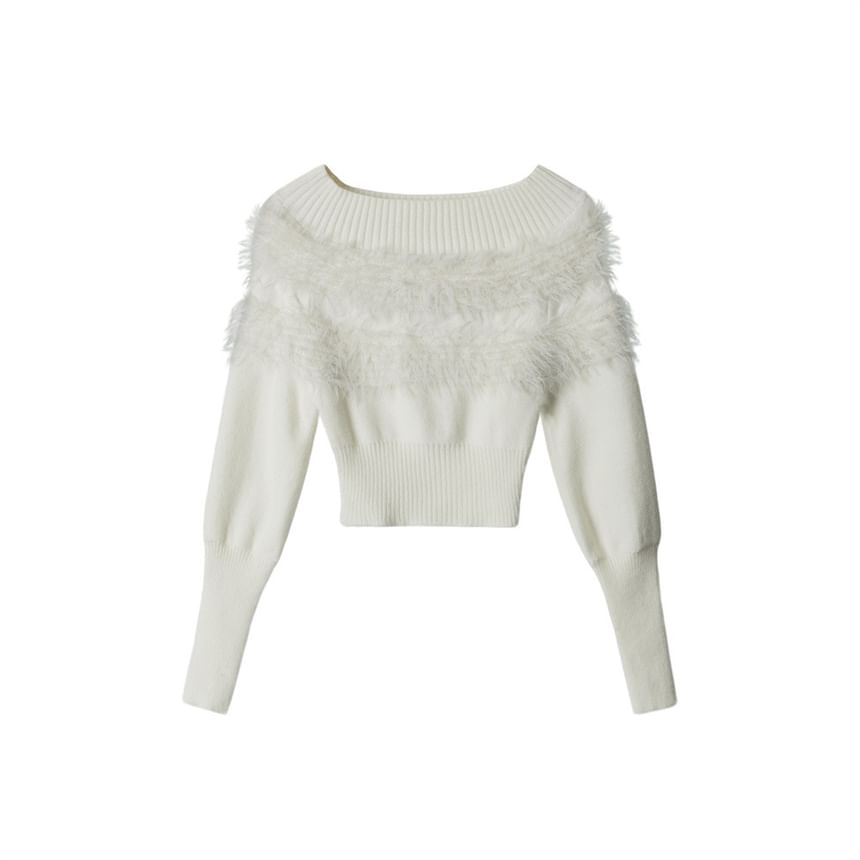 Faux Fur Panel Fitted Long-Sleeve Sweater