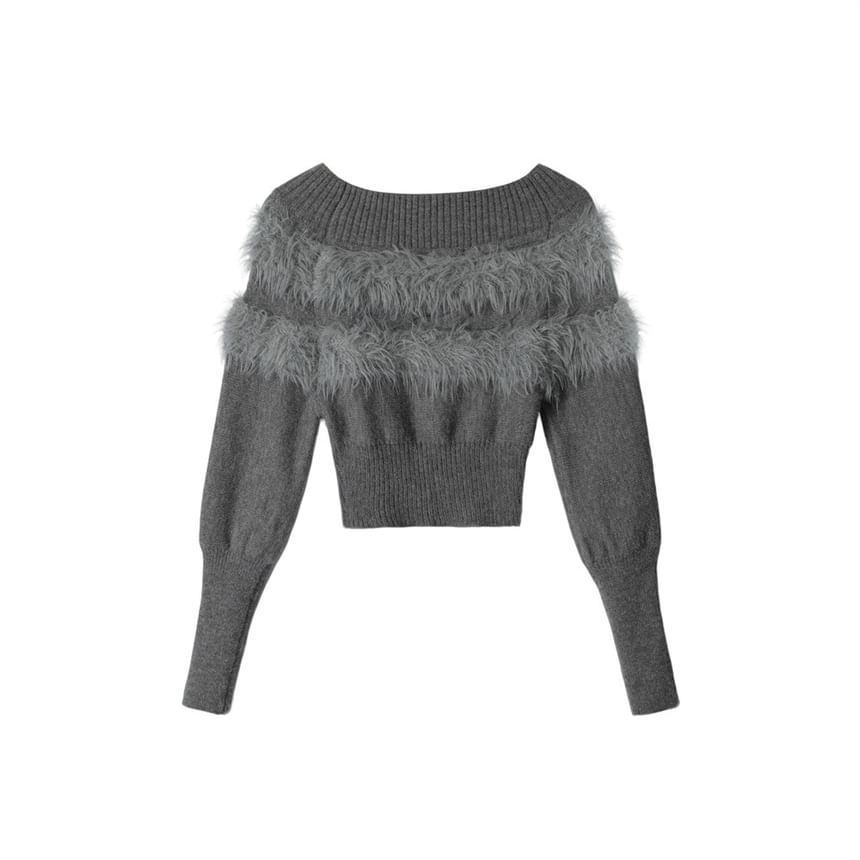 Faux Fur Panel Fitted Long-Sleeve Sweater