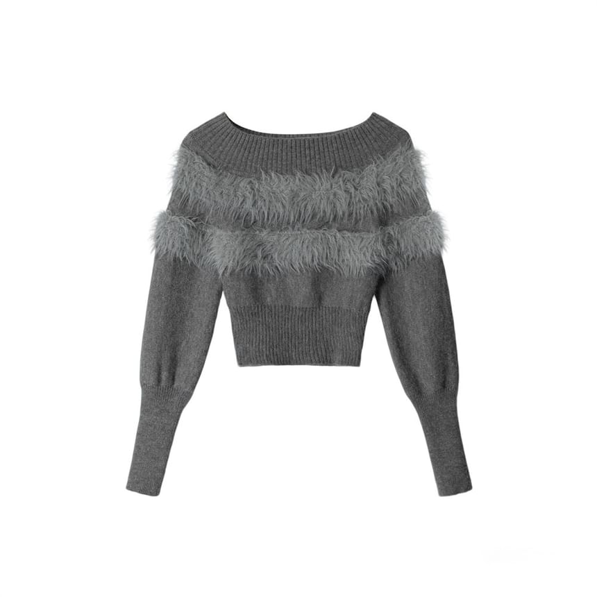 Faux Fur Panel Fitted Long-Sleeve Sweater