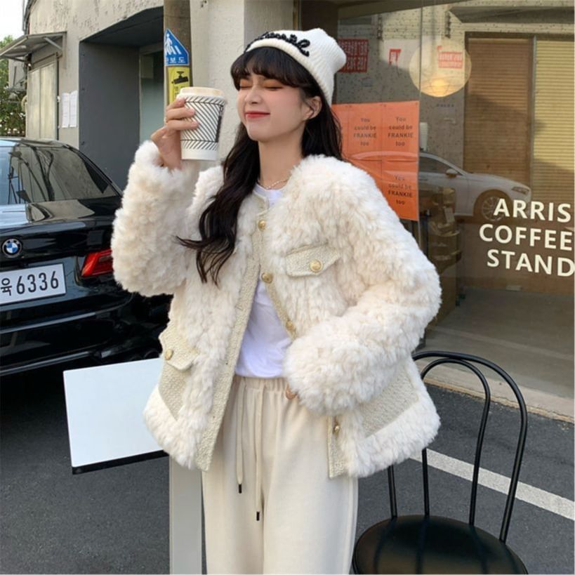 Crew Neck Tweed Panel Fluffy Button-Up Jacket