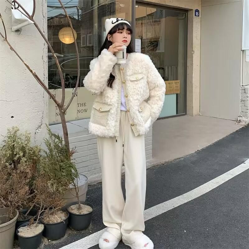 Crew Neck Tweed Panel Fluffy Button-Up Jacket