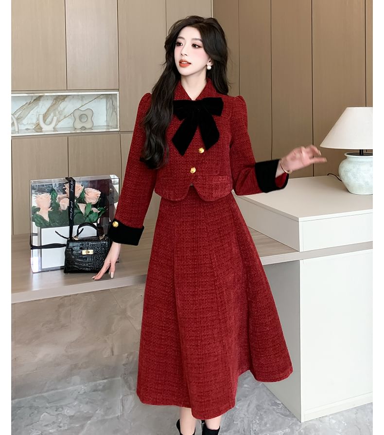 Set: Collared Asymmetrical Bow Accent Button-Up Tweed Crop Jacket + High Waist Midi A-Line Skirt