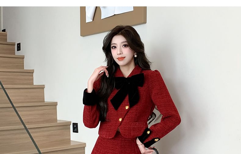 Set: Collared Asymmetrical Bow Accent Button-Up Tweed Crop Jacket + High Waist Midi A-Line Skirt