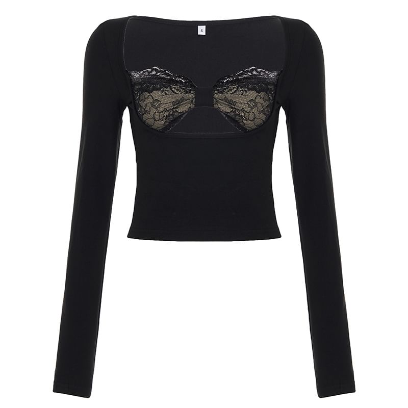 Sheer Paneled Fitted Crop Top with Mock Neck and Lace Trim