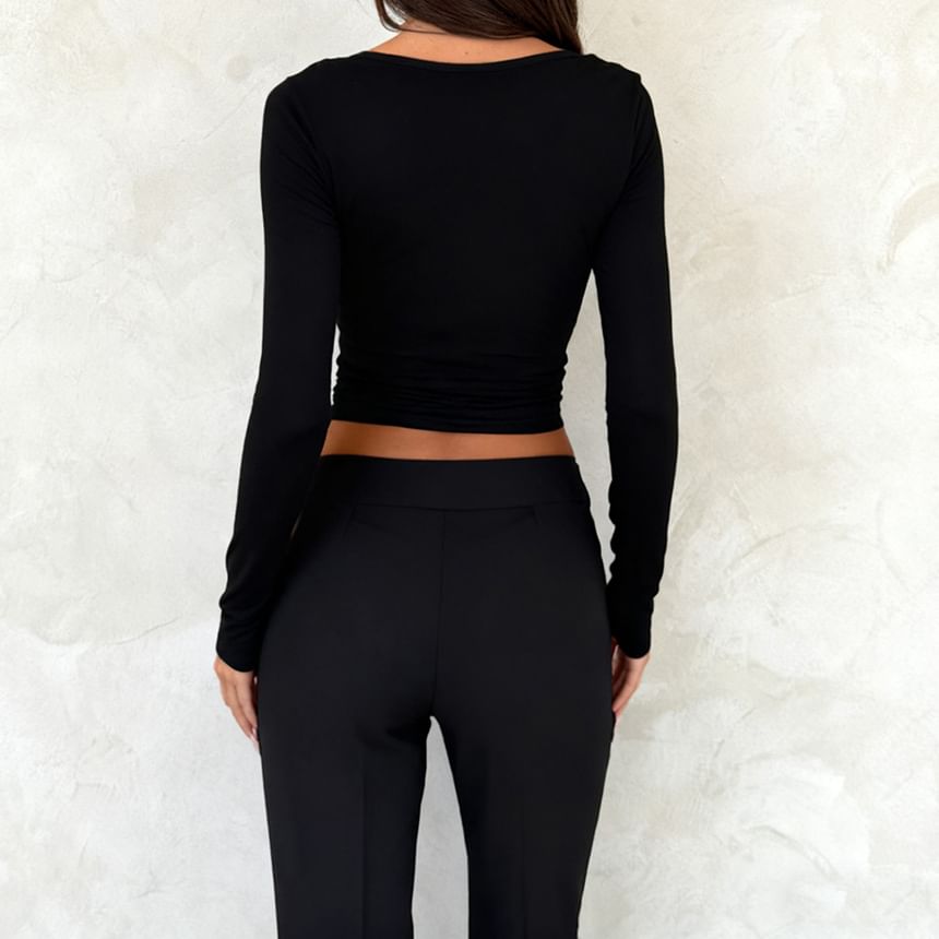 Sheer Paneled Fitted Crop Top with Mock Neck and Lace Trim