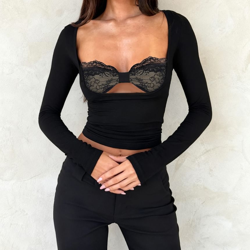 Sheer Paneled Fitted Crop Top with Mock Neck and Lace Trim