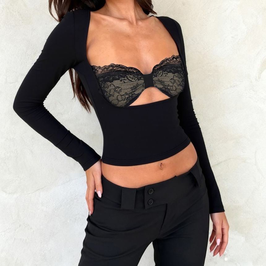 Sheer Paneled Fitted Crop Top with Mock Neck and Lace Trim