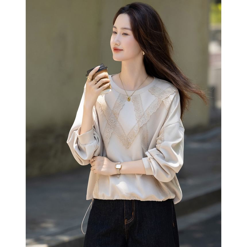 Lace Panel Crew Neck Pullover Sweatshirt