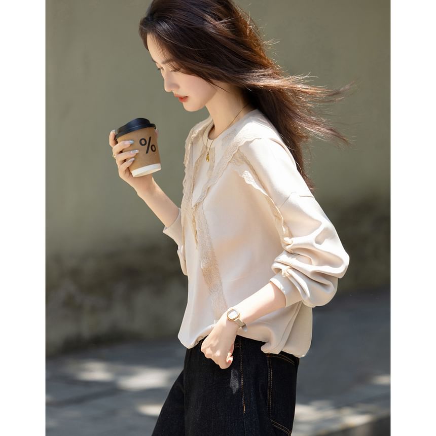 Lace Panel Crew Neck Pullover Sweatshirt