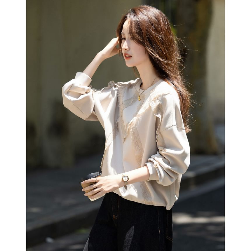 Lace Panel Crew Neck Pullover Sweatshirt