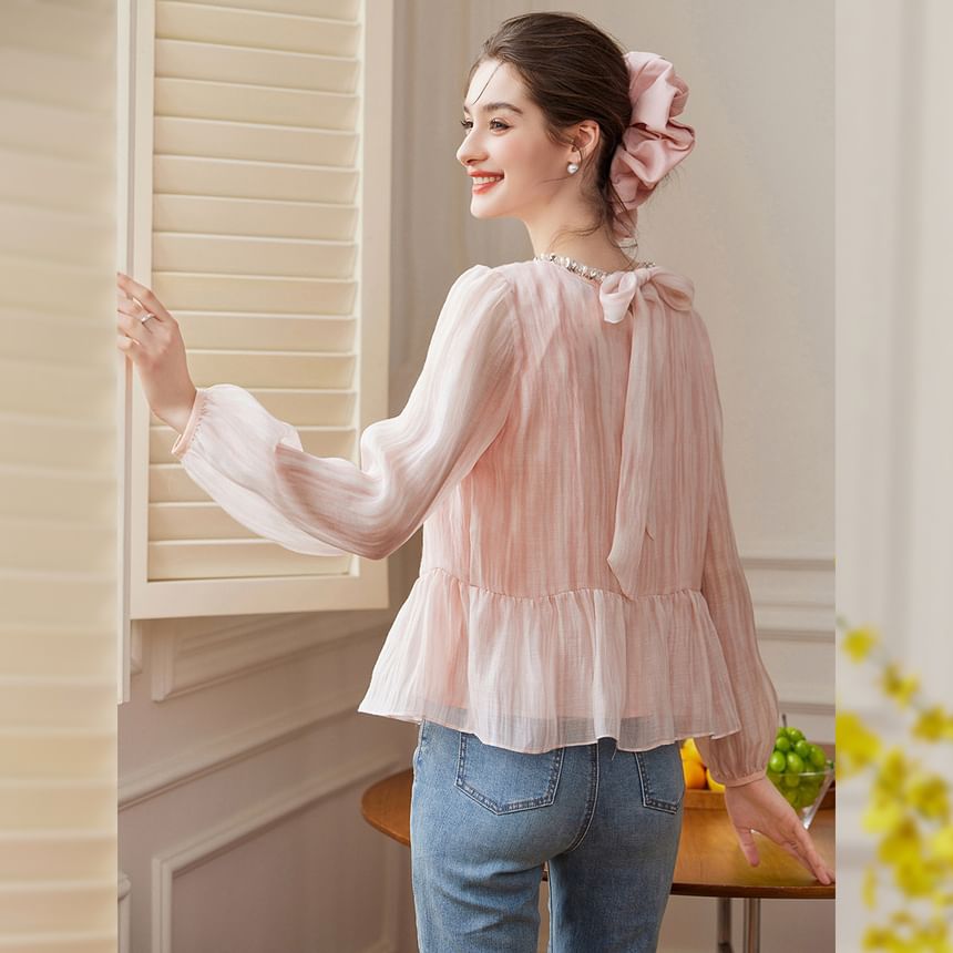 Embellished Ruffle Hem Round Neck Blouse Long Sleeve