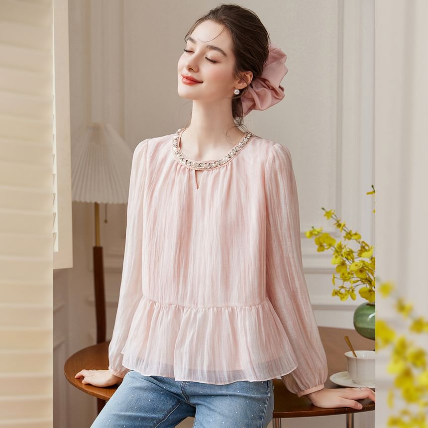 Embellished Ruffle Hem Round Neck Blouse Long Sleeve