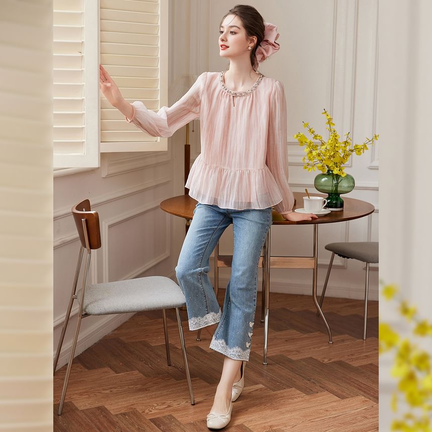 Embellished Ruffle Hem Round Neck Blouse Long Sleeve