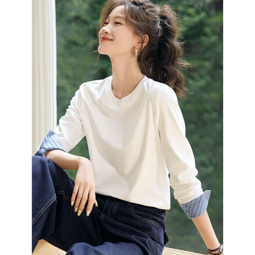 Long Sleeve Striped Tee with Round Neckline