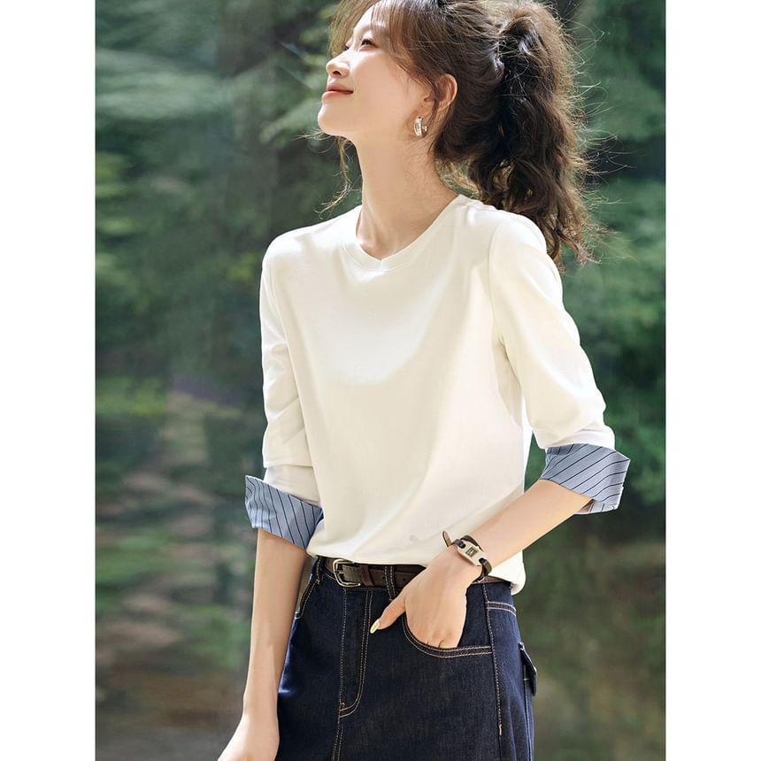 Long Sleeve Striped Tee with Round Neckline