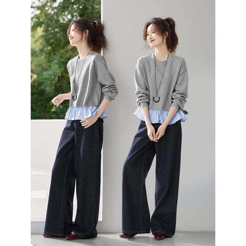 Striped Crewneck Knit Pullover with Faux Two-Piece Look
