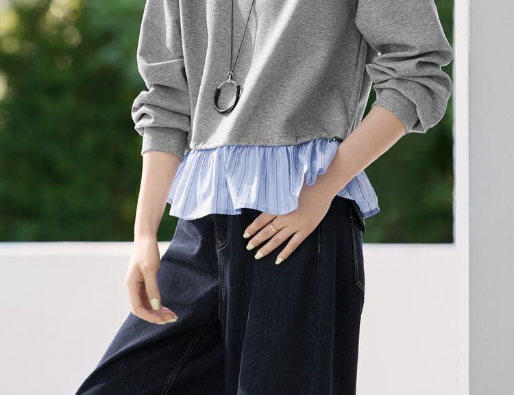 Striped Crewneck Knit Pullover with Faux Two-Piece Look