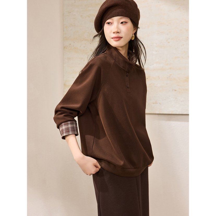 Plaid Panel Pullover with Stand Collar and Faux Two-Piece Style