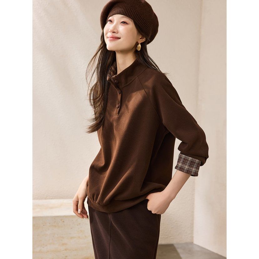 Plaid Panel Pullover with Stand Collar and Faux Two-Piece Style