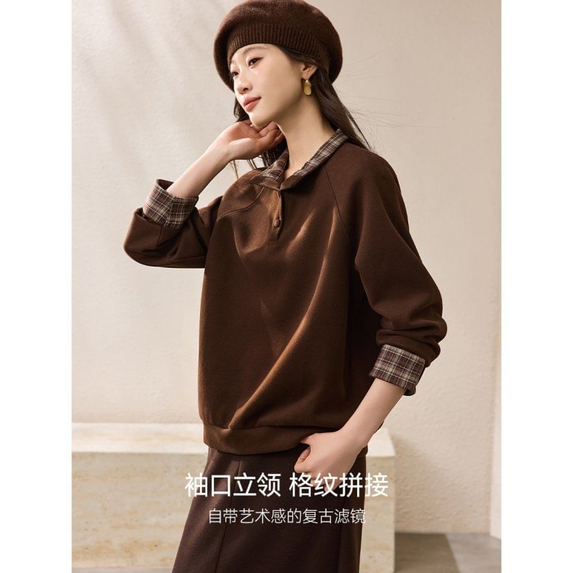 Plaid Panel Pullover with Stand Collar and Faux Two-Piece Style