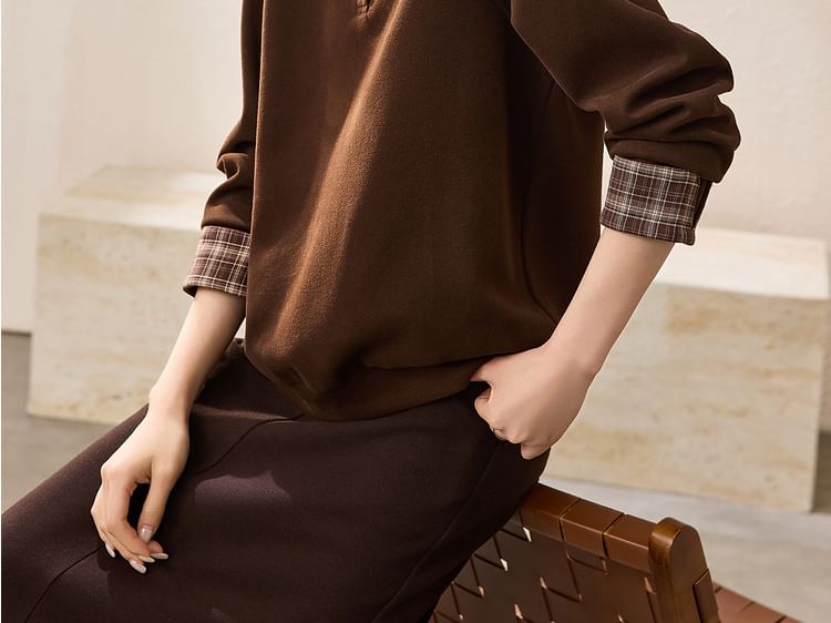 Plaid Panel Pullover with Stand Collar and Faux Two-Piece Style