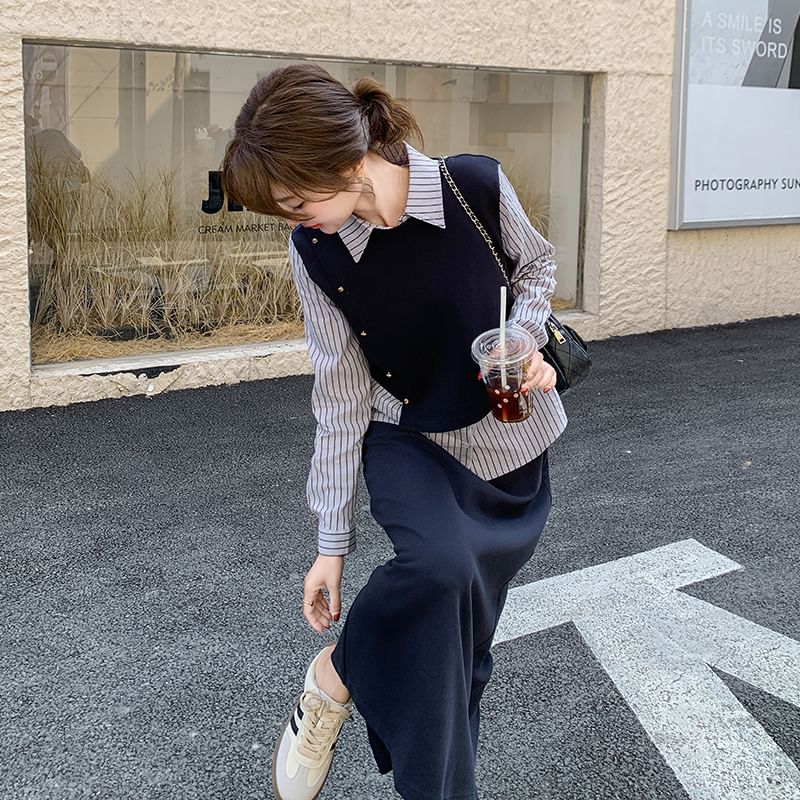 Coordinated Set: Collared Striped Blouse and High-Waist Slit Midi Skirt
