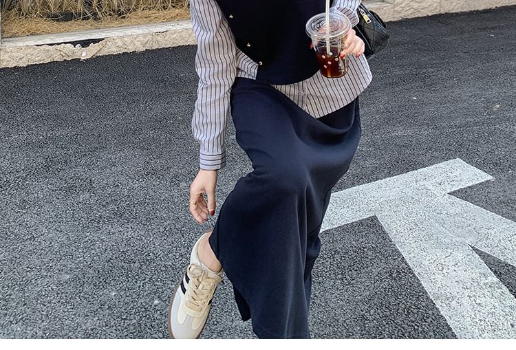 Coordinated Set: Collared Striped Blouse and High-Waist Slit Midi Skirt