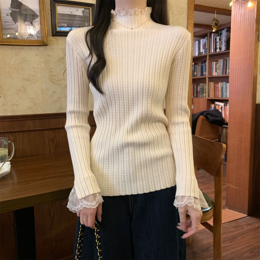 Ribbed Knit Top with Lace Trim and High Neck