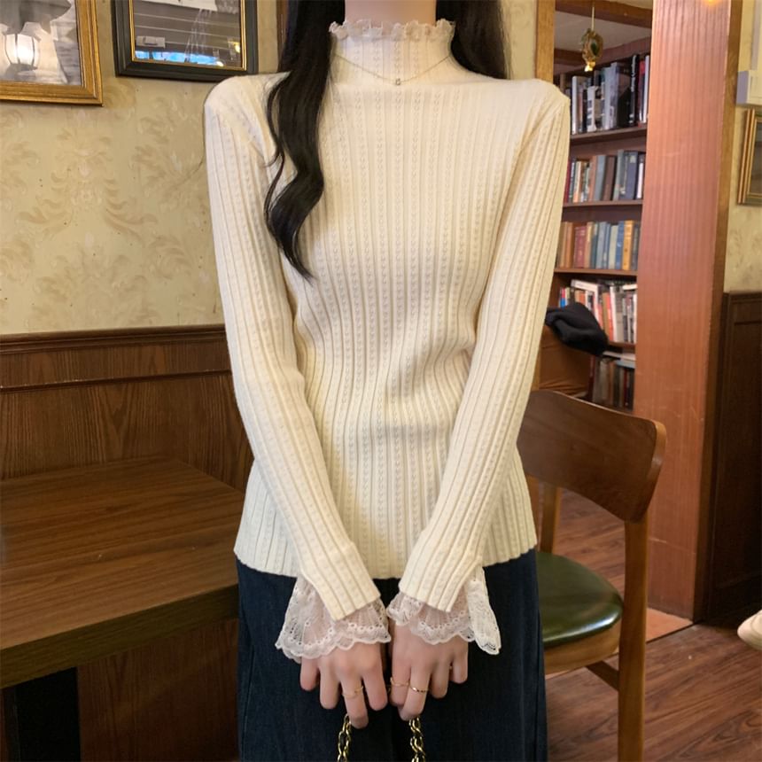 Ribbed Knit Top with Lace Trim and High Neck