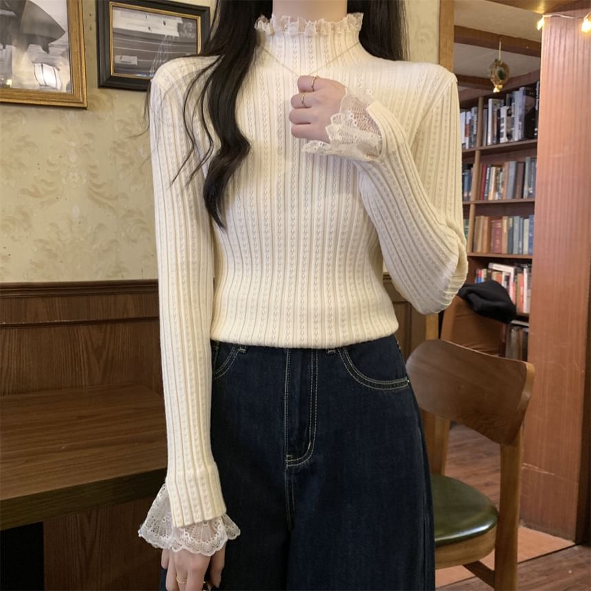 Ribbed Knit Top with Lace Trim and High Neck