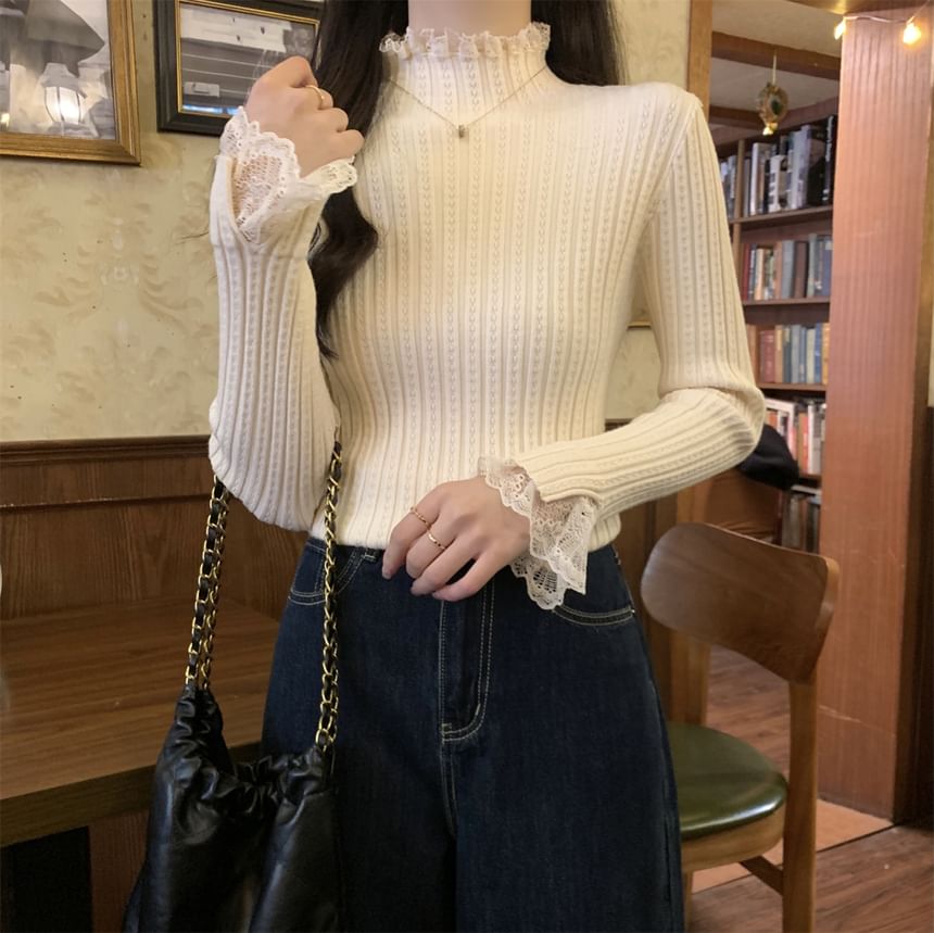 Ribbed Knit Top with Lace Trim and High Neck