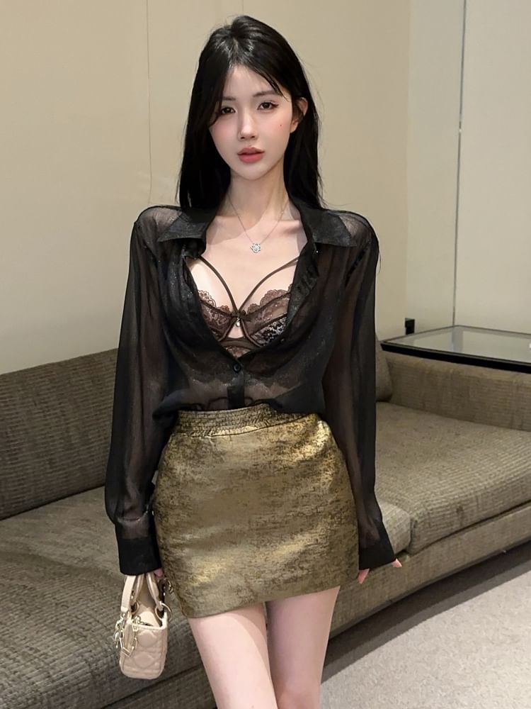 Set: Lace Bralette, Mesh Button-Up Shirt, and Mini Pencil Skirt